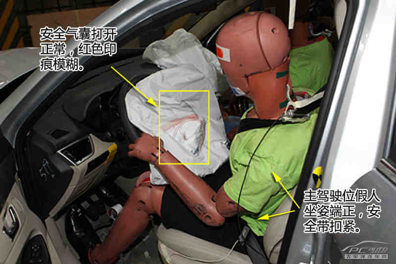 主驾驶座假人在碰撞后坐姿正常,安全带扣紧,安全气囊正常打开,上面